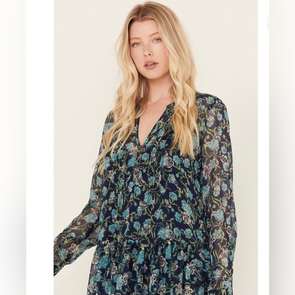 Free People Blue See It Through Floral Long Sleeve Maxi Dress size XS new - Picture 5 of 6